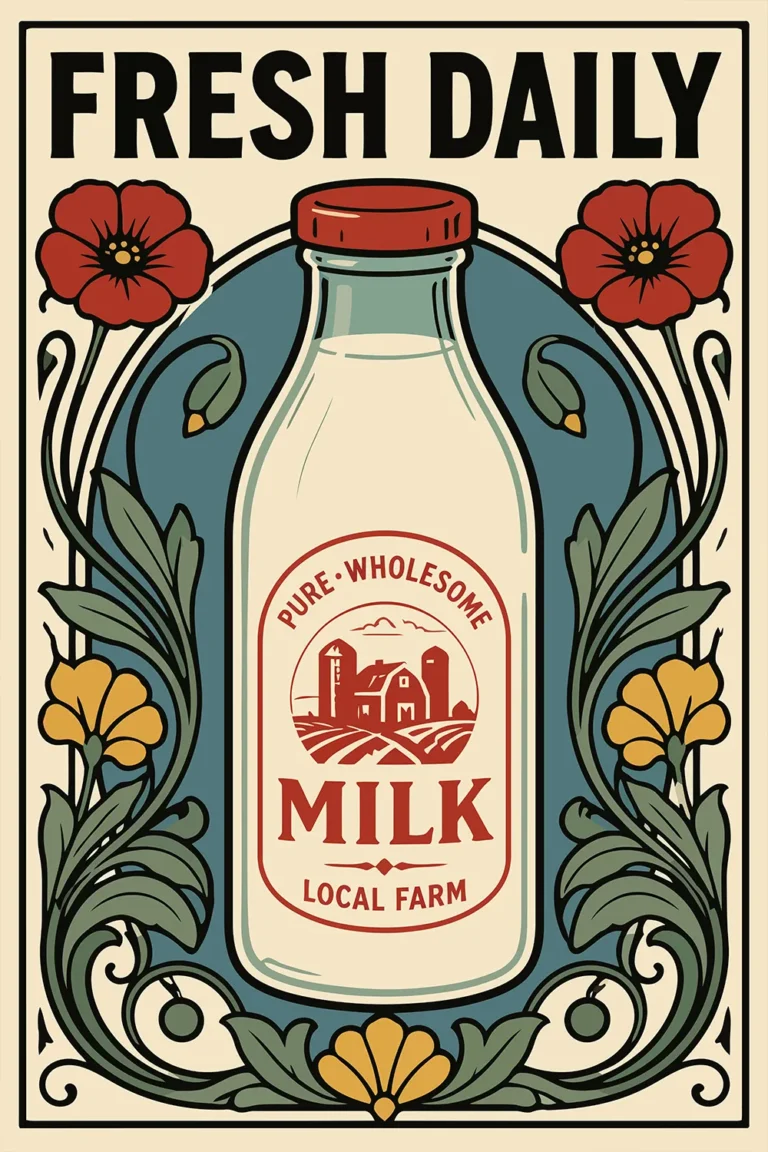 Vintage Art Nouveau style illustration of a glass milk bottle surrounded by red poppies and green botanical elements with text reading Fresh Daily.
