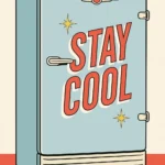Mid-century modern style illustration of a retro light blue refrigerator with bold red text reading Stay Cool on a cream background.