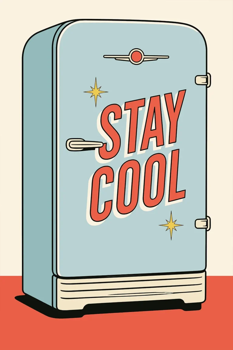 Mid-century modern style illustration of a retro light blue refrigerator with bold red text reading Stay Cool on a cream background.