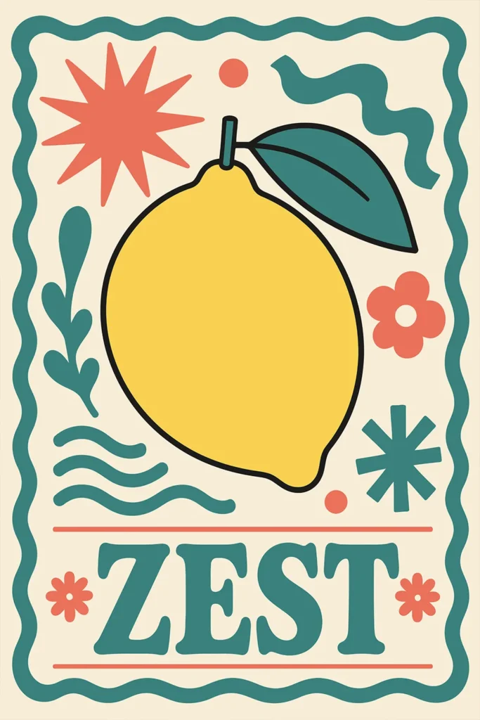 Groovy 70s retro illustration of a large yellow lemon with teal text reading Zest, surrounded by wavy borders, starbursts, and flowers on a cream background.