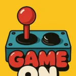 Retro arcade joystick controller illustration with bold red and cream text reading Game On on a bright yellow background.