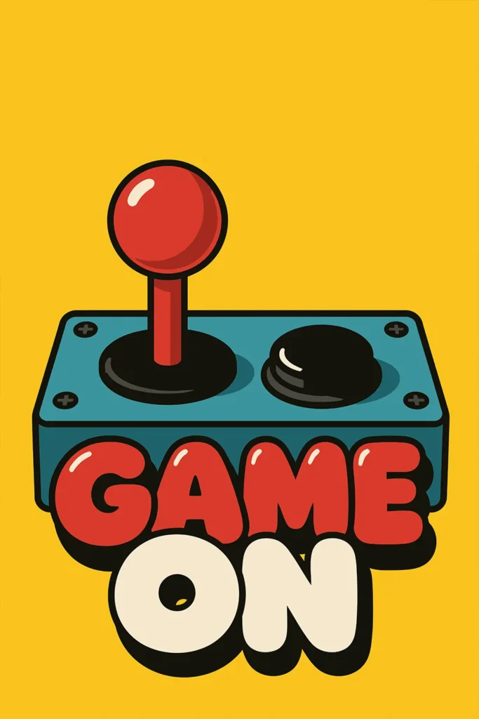 Retro arcade joystick controller illustration with bold red and cream text reading Game On on a bright yellow background.