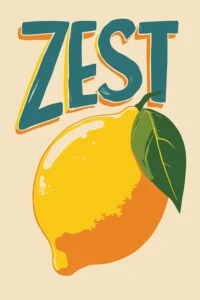 Retro style illustration of a large yellow lemon with a green leaf and bold teal text reading Zest on a light cream background.