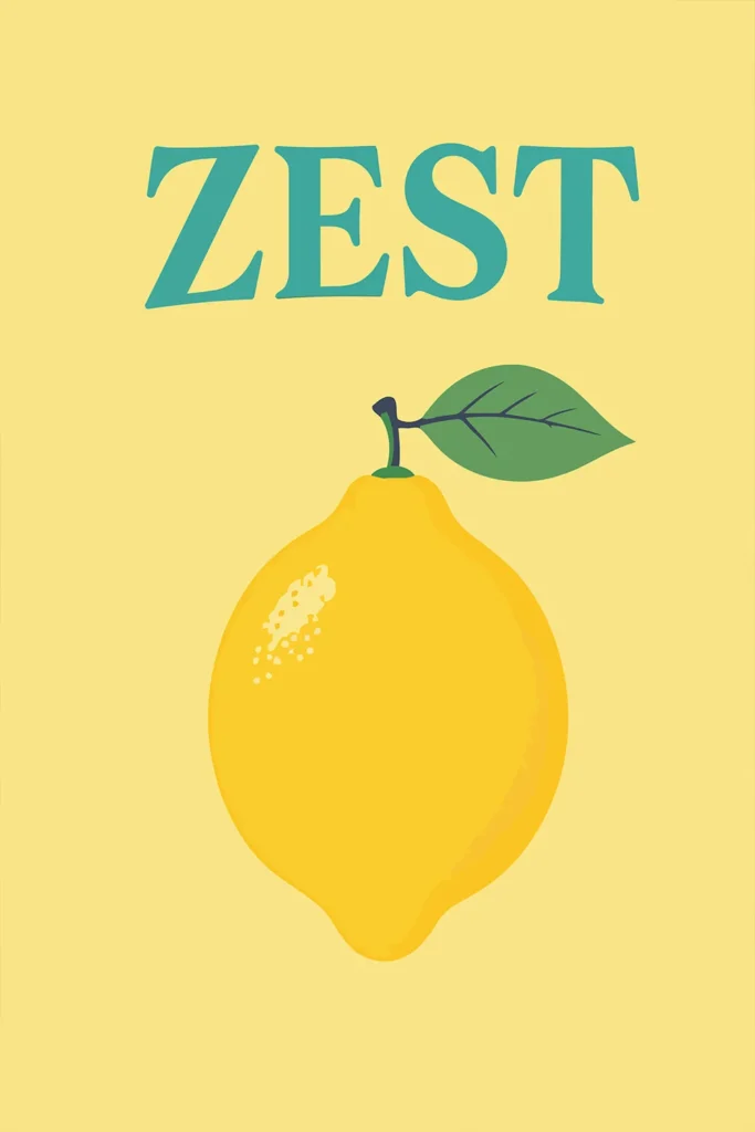 Minimalist retro illustration of a textured yellow lemon with a green leaf under teal serif text reading Zest on a soft yellow background.