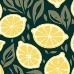 Seamless retro pattern illustration of sliced yellow lemons and sage green leaves over a dark forest green background.
