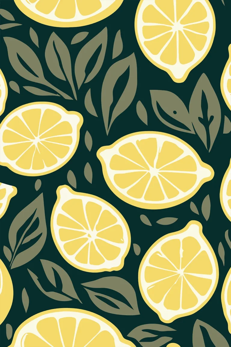 Seamless retro pattern illustration of sliced yellow lemons and sage green leaves over a dark forest green background.
