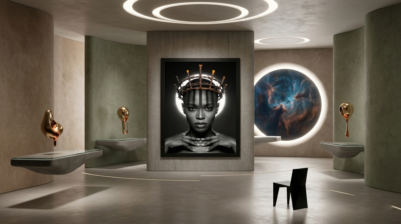 Black-and-white surreal woman portrait wall art with symbolic details