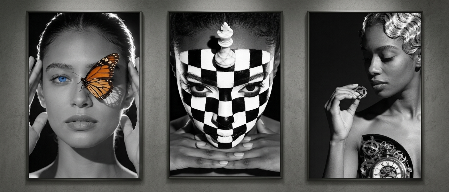Grid of surreal black-and-white portrait artworks showing different distortions and compositions