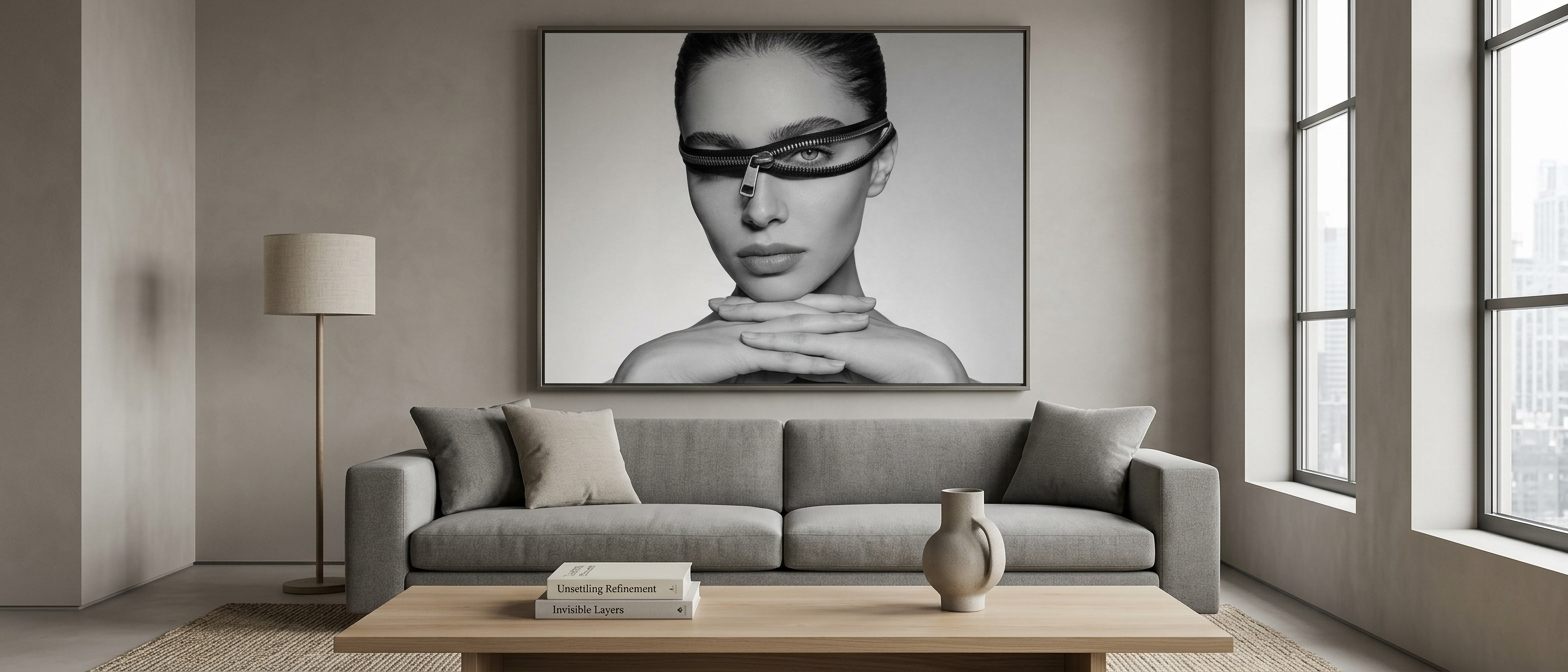Modern living room with surreal portrait wall art above a sofa