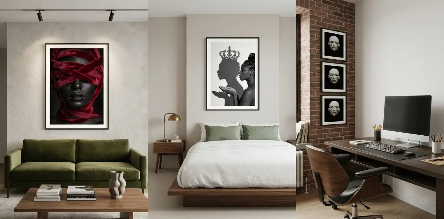 Surreal portrait wall art in a living room, bedroom, and home office