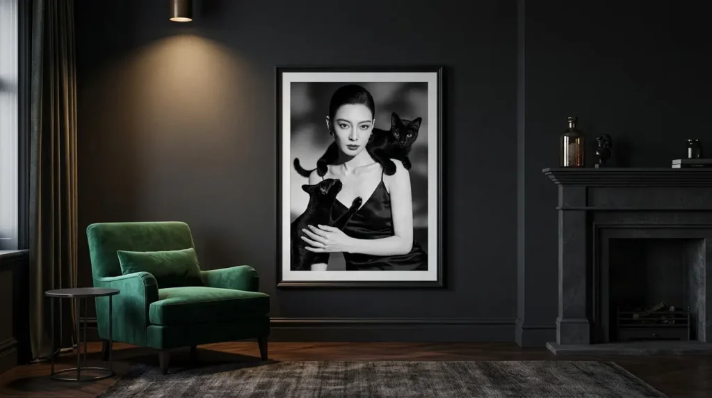 Dark cinematic living room with black and white conceptual wall art