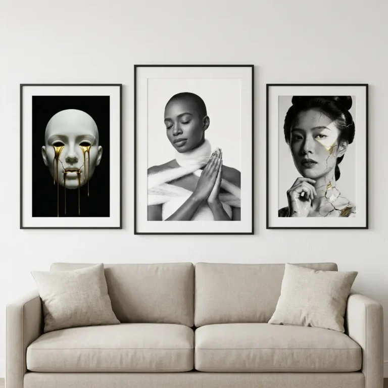 Minimal monochrome gallery wall over a sofa with three black and white conceptual prints from 21MXM.