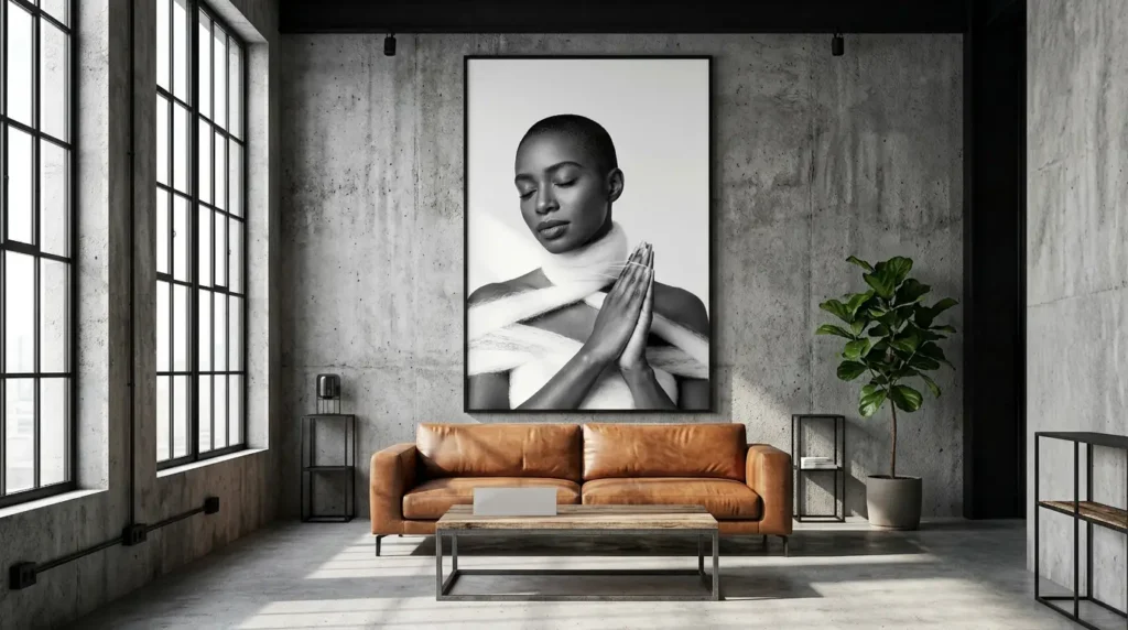 Minimal industrial living room with monochrome woman portrait wall art