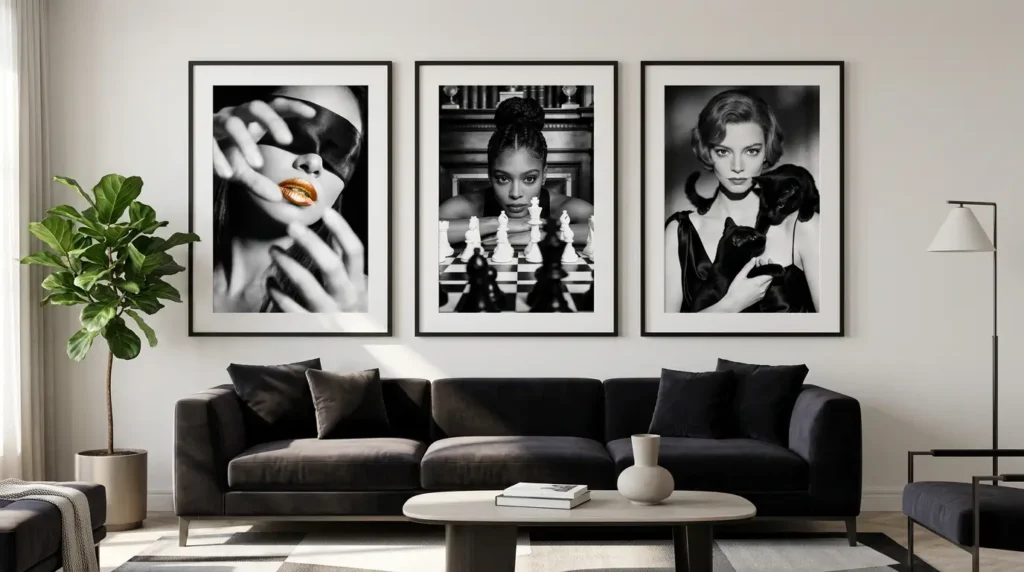 Modern living room with neutral sofa and monochrome digital wall art prints above it from 21MXM.