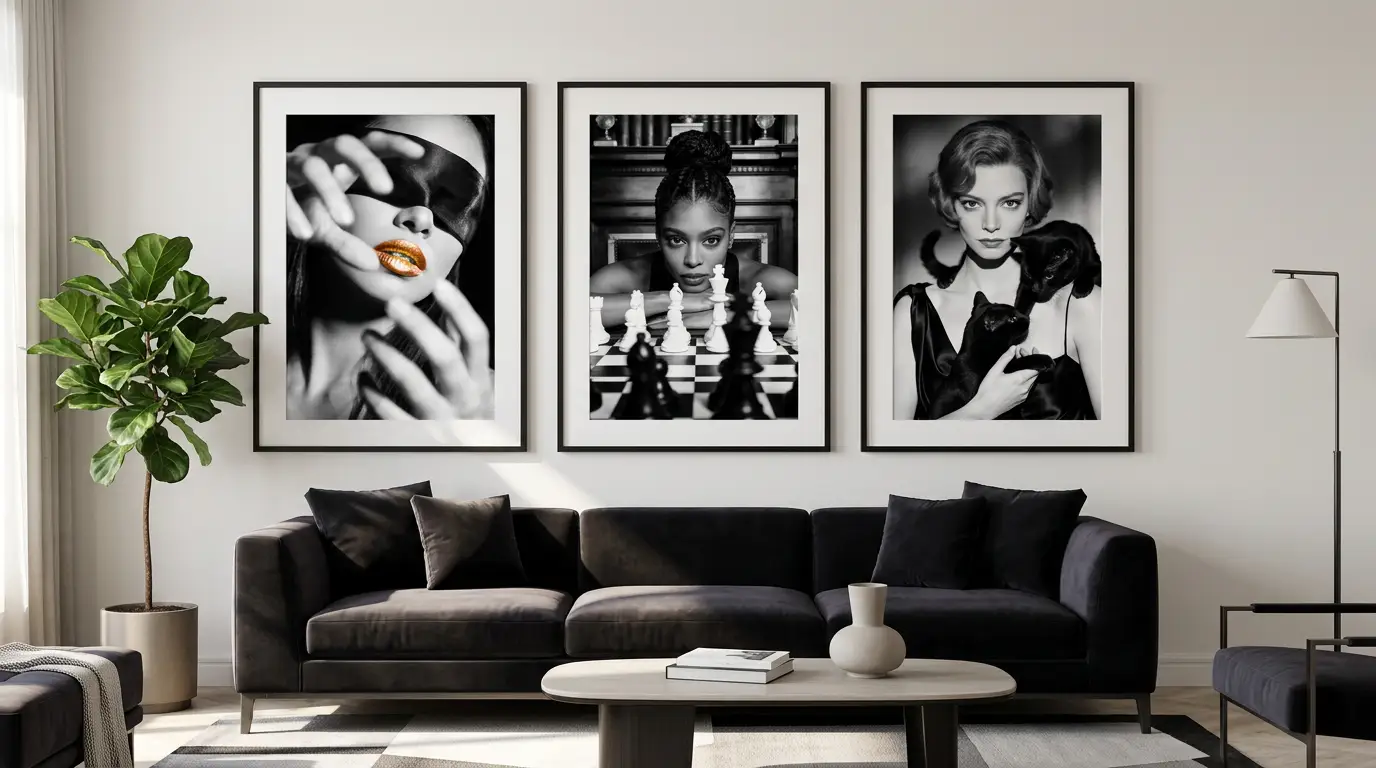 Modern living room with neutral sofa and monochrome digital wall art prints above it from 21MXM.