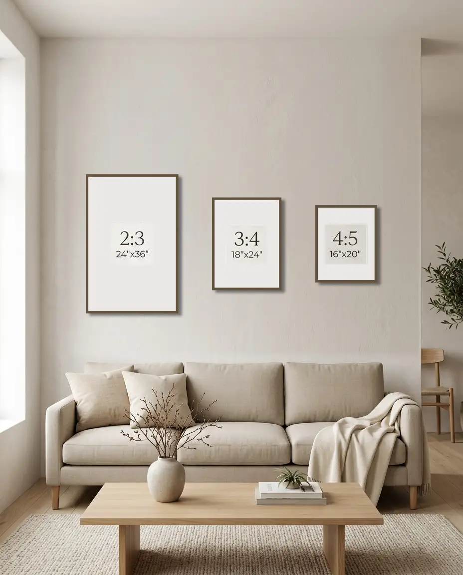 Illustration of recommended digital wall art sizes and aspect ratios above a living room sofa